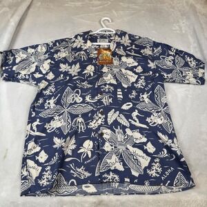 Avanti Hawaii Silk Aloha Shirt XL Navy Blue Postcards of Paradise Map Print NWT